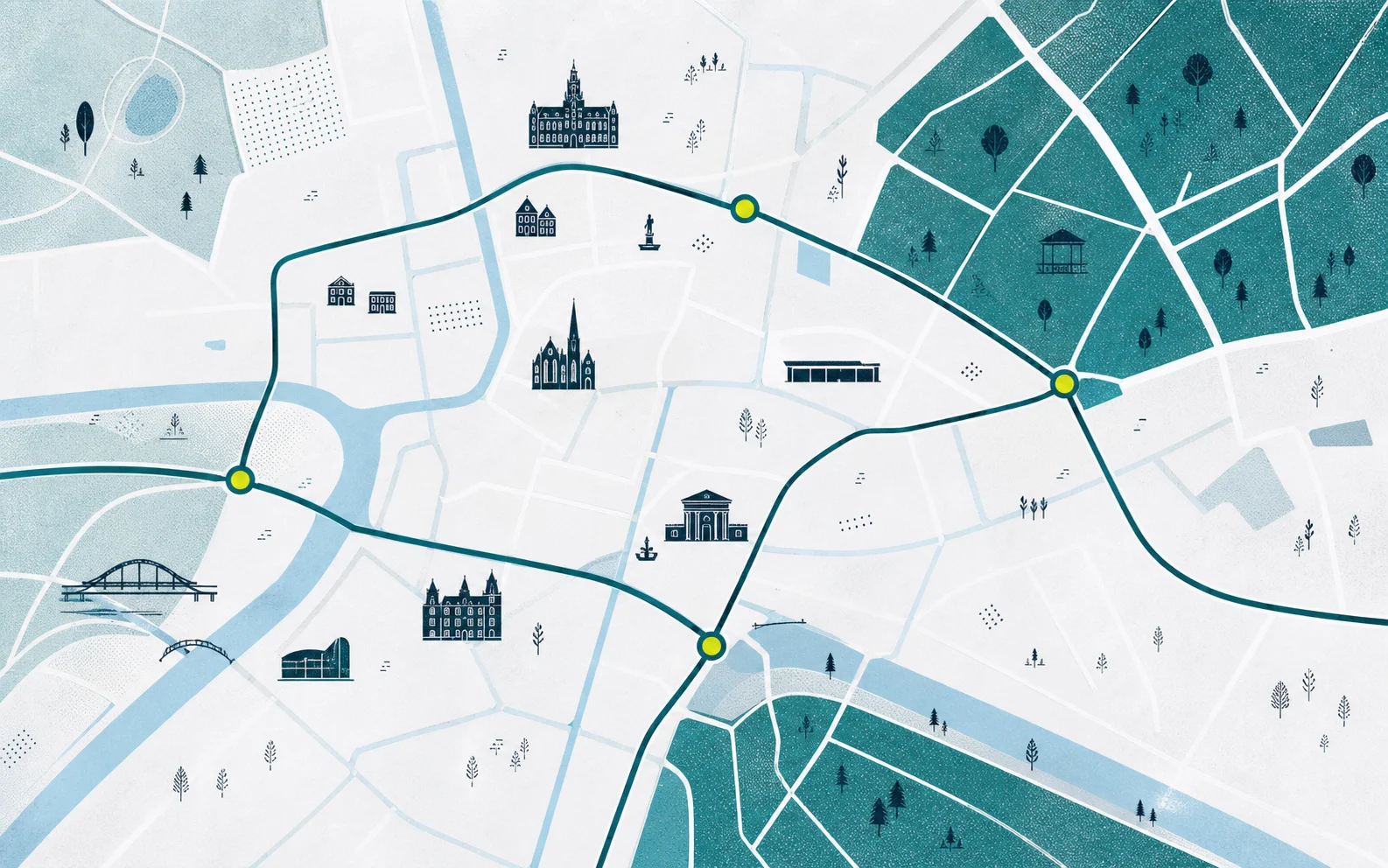 Abstracte routekaart van Apeldoorn met vier gemarkeerde knooppunten